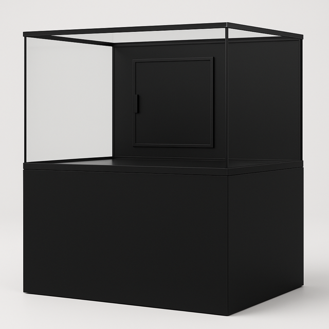 Rolling, lockable petter display with glass enclosure for puppies, small mammals, turtles, or birds. Custom Designed Petter.