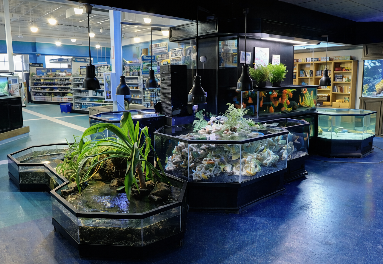 Aquarium display with plants and fish in a store setting