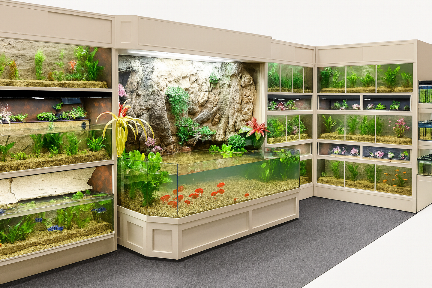 3D Aquarium display with various aquariums in a store setting