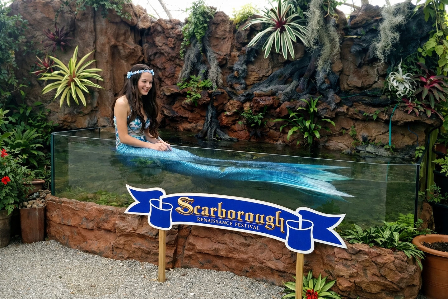 Woman in a mermaid costume sitting inside a large aquarium with a 'Scarborough' sign in the background.