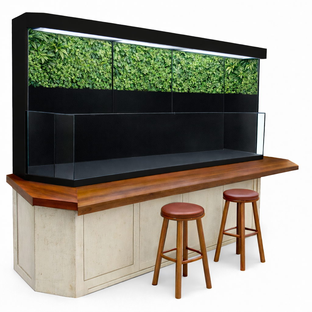 Bar setup with a large aquarium featuring green plants, wooden counter, and stools on a white background.