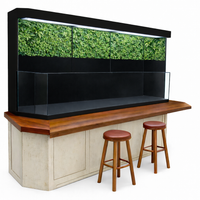 Bar setup with a large aquarium featuring green plants, wooden counter, and stools on a white background.
