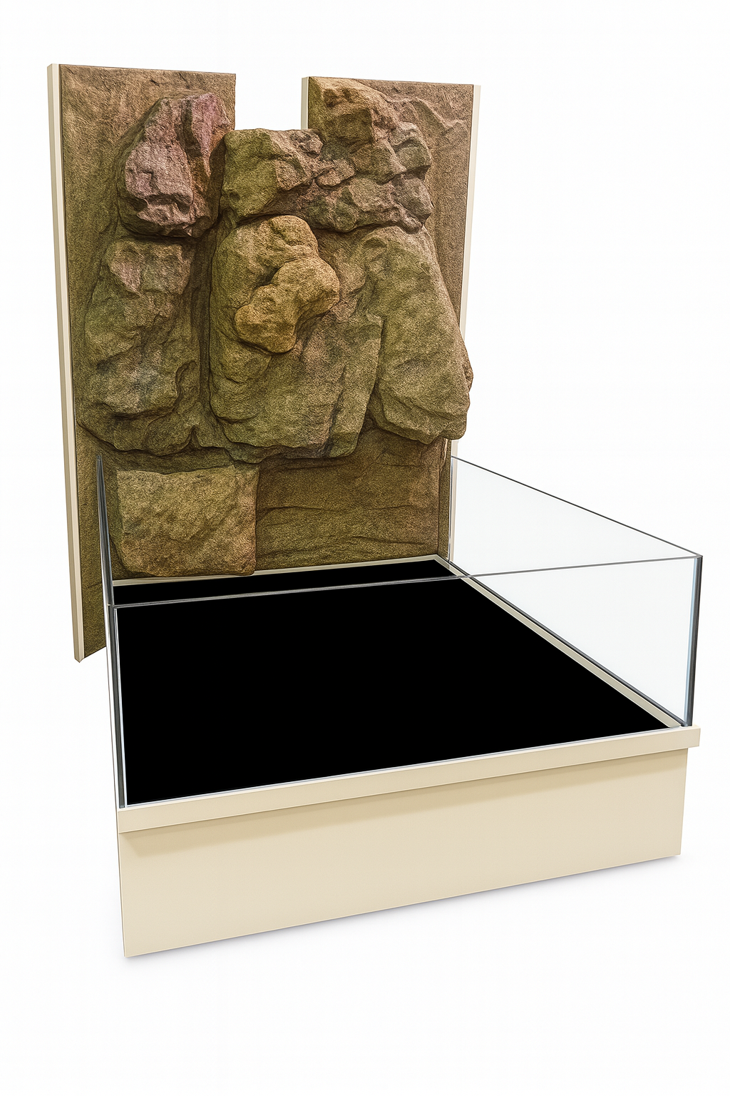 Decorative wall panel with natural stone texture in a display case on a white background