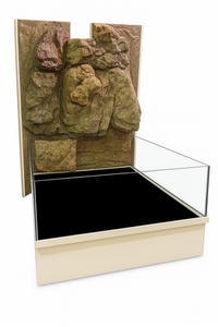 Decorative wall panel with natural stone texture in a display case on a white background