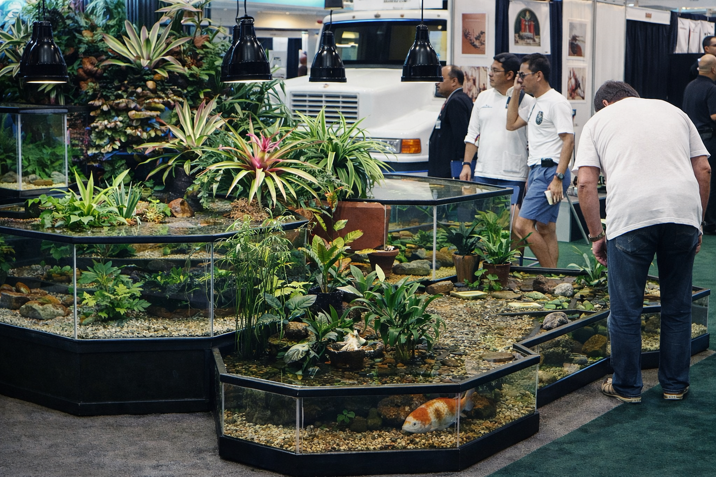 Aquarium display with plants and fish at an indoor event, people observing.
