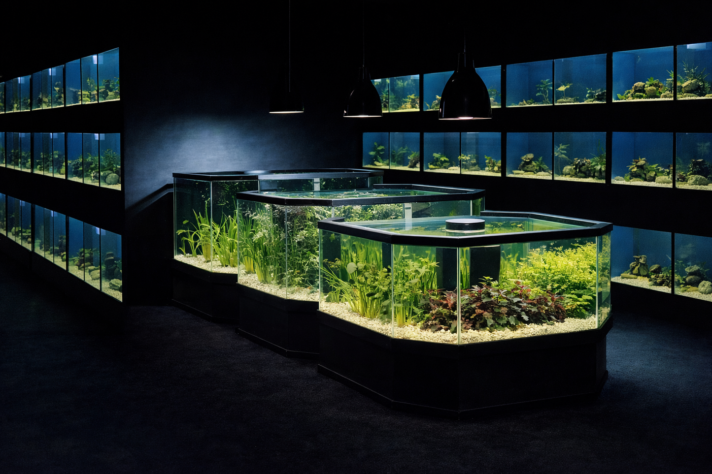 Large aquarium with aquatic plants and fish in a dark room