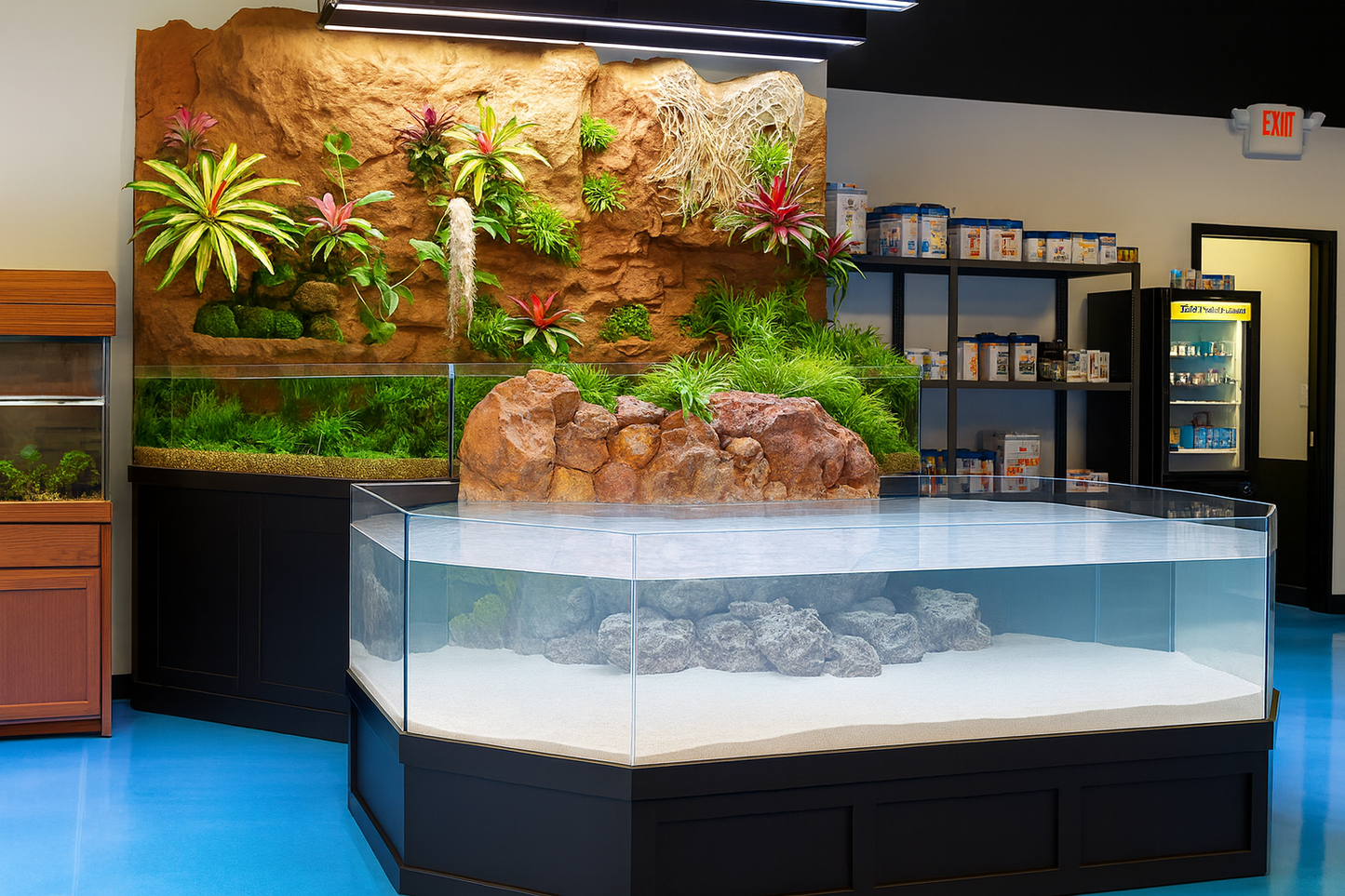 Aquarium display with plants and rocks in a store setting