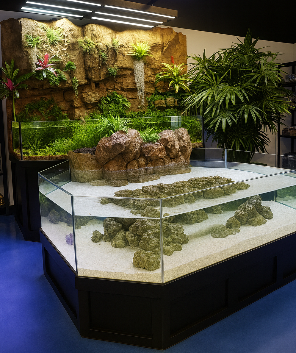 Display case with green plants and rocks inside, resembling a natural setting.