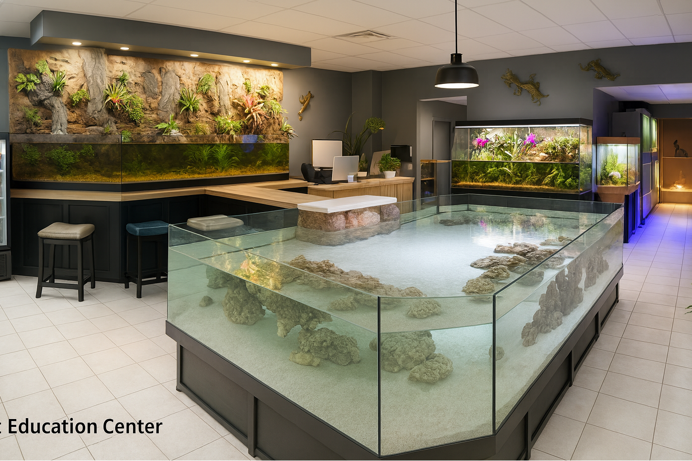 Pet store interior with aquariums and educational displays