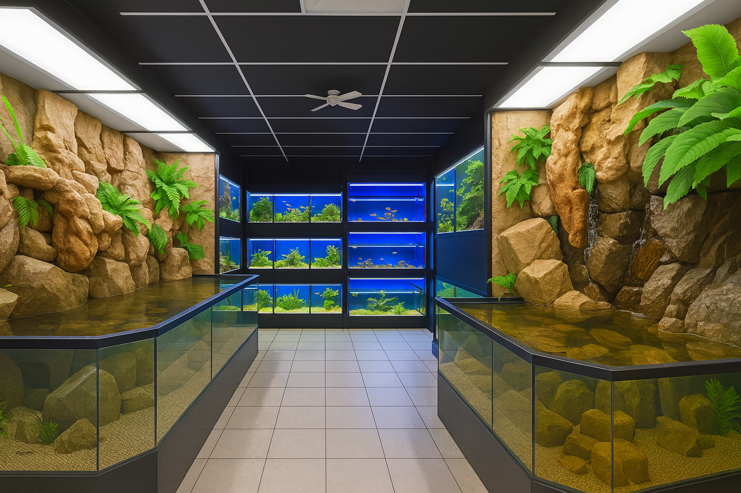 Aquarium display with rock walls and water plants in a store setting