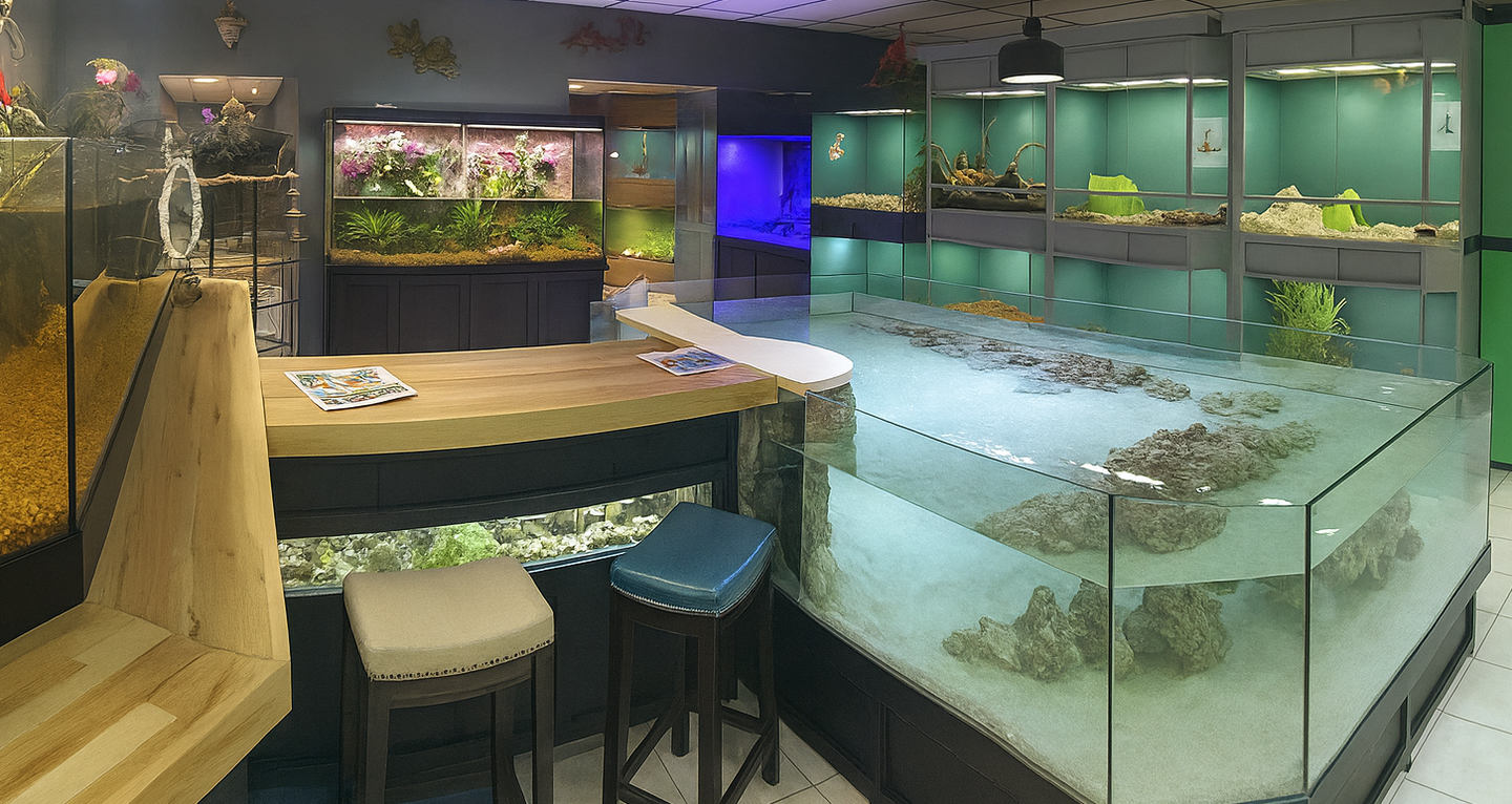 Aquarium store interior with glass tanks, seating area, and informational materials.