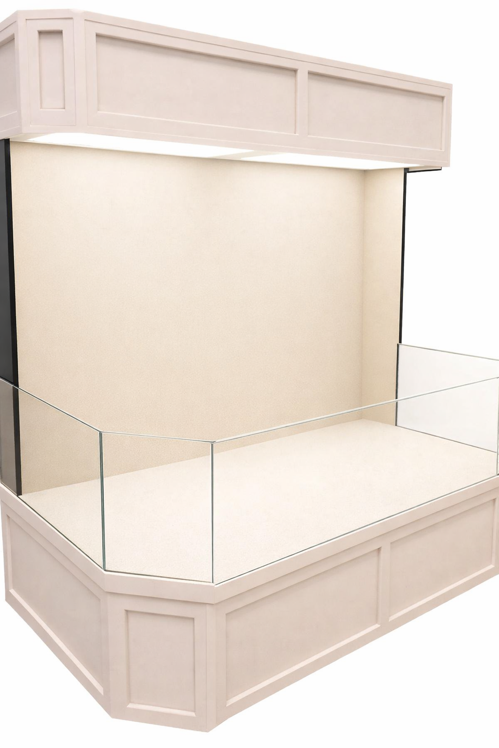 Beige display aquarium with glass front with a beige background