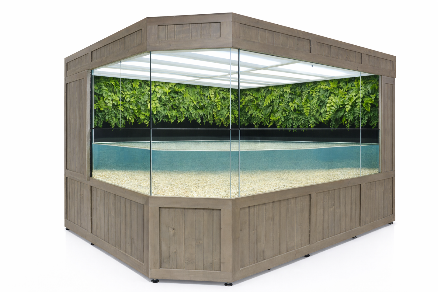 Hexagonal fish tank with wooden frame and glass sides, containing water and green plants.
