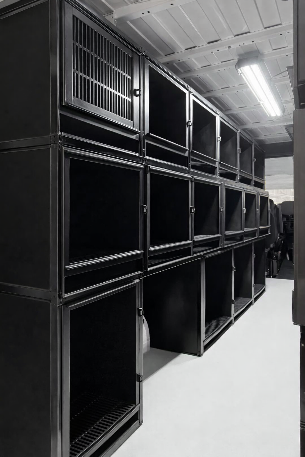 Professional pet transport van interior with custom plastic kennel installation