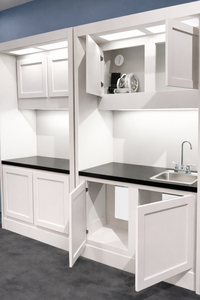 Optional Service Station add-on for Fish Retail Racks with Sink for Fish Bagging and Storage for a Carbon Filter and Air Blower.