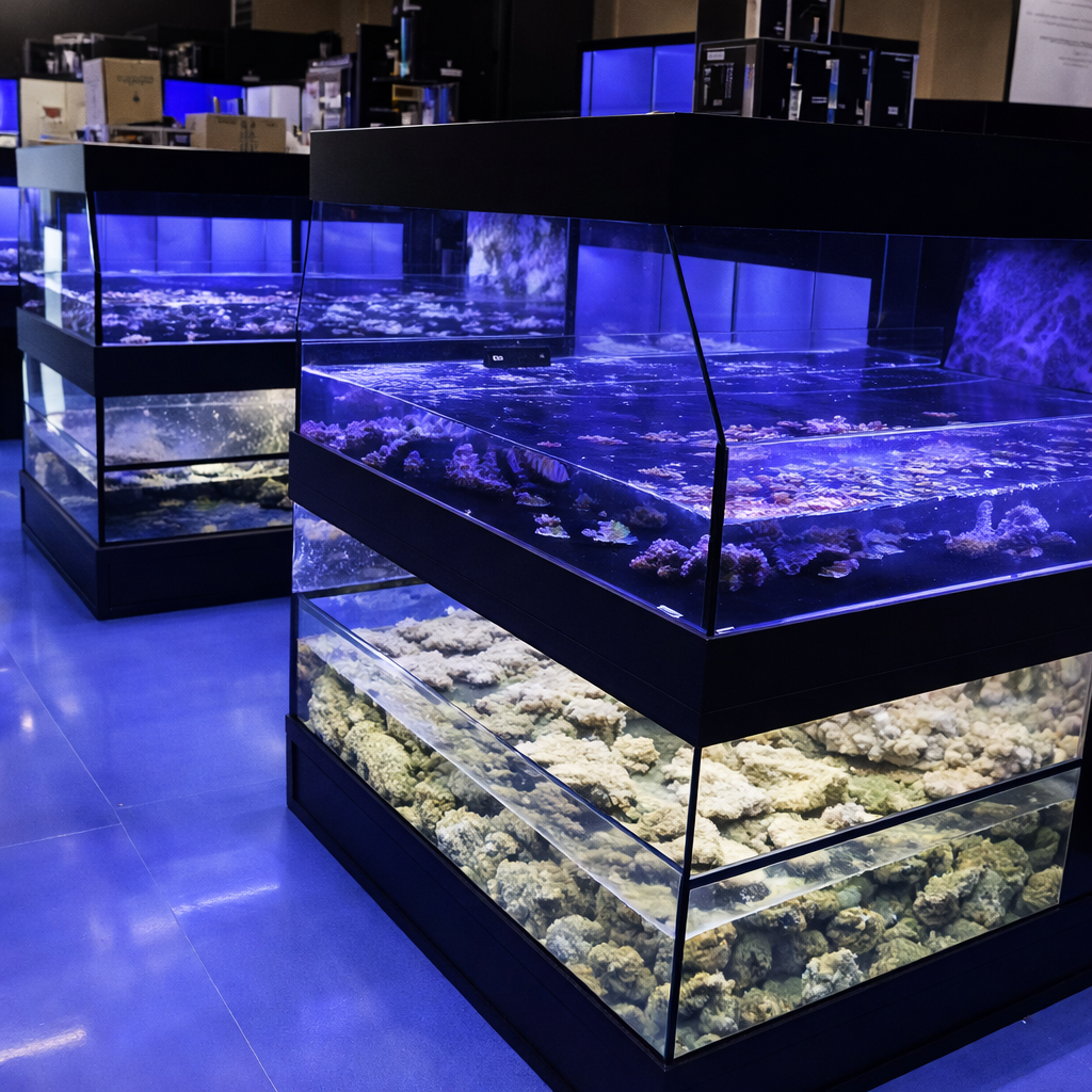 Multiple Coral Frag Display Tanks arranged for coral sales in an aquarium retail environment