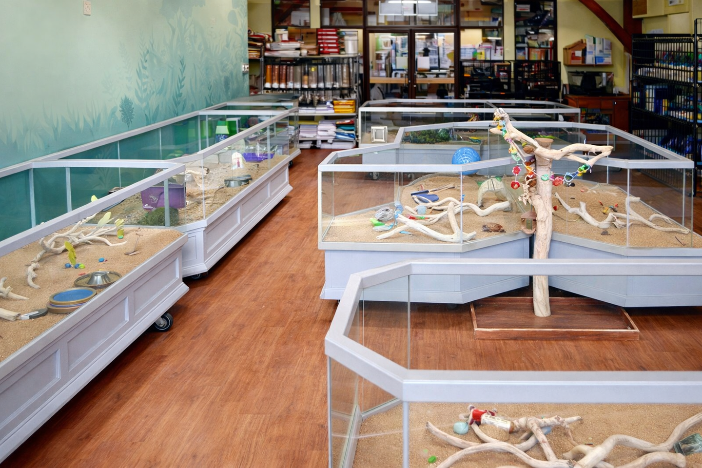 Rolling, lockable petter display with glass enclosure for puppies, small mammals, turtles, or birds.  Bird Cages with Open Areas.