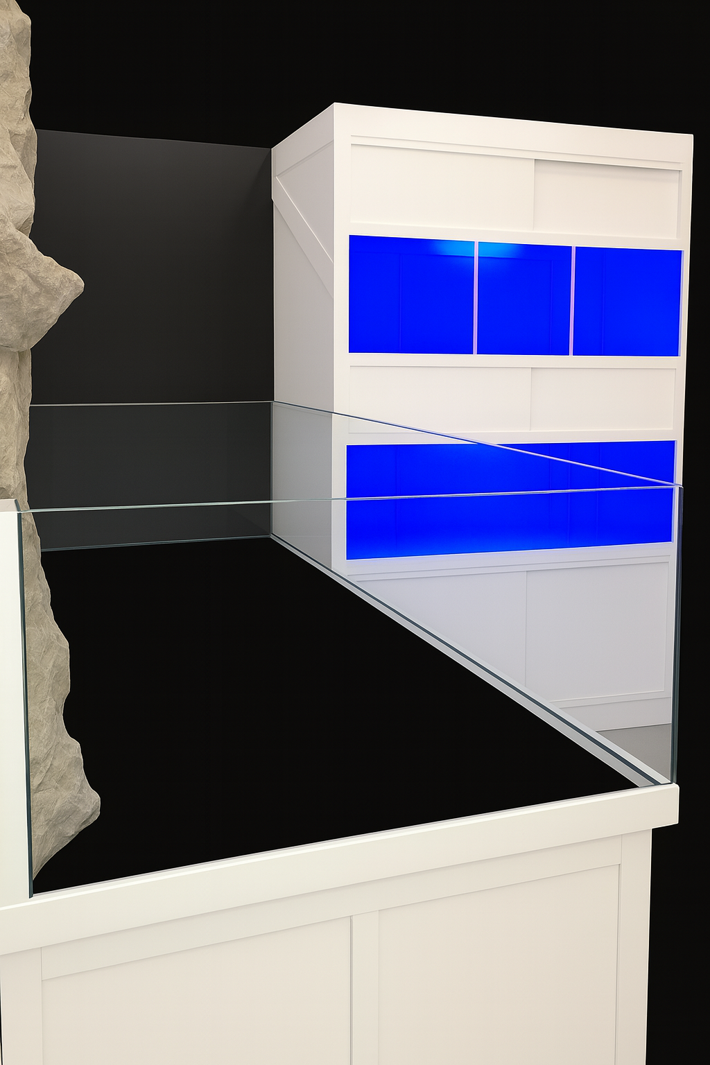 White display case with blue lights on a black background