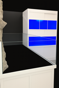 White display case with blue lights on a black background