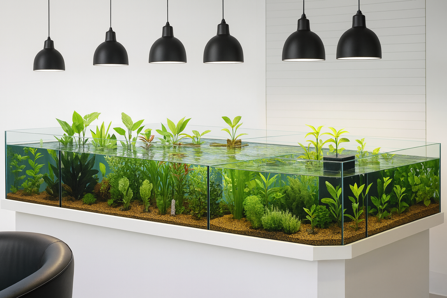 Modern office desk with a large Aquarium Plant Merchandiser filled with plants, set against a white wall with black pendant lights.