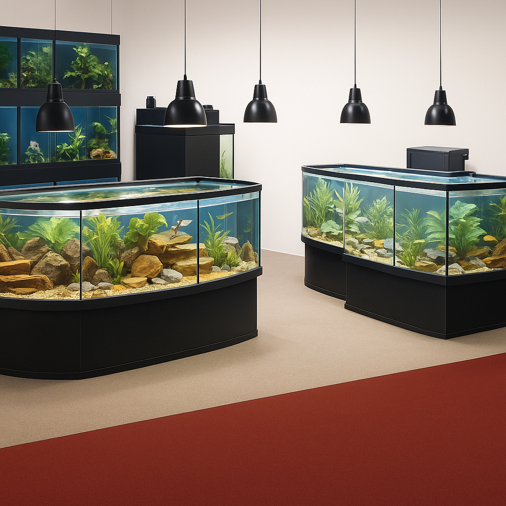 Two large aquariums with fish and plants on a beige floor with a red carpet.