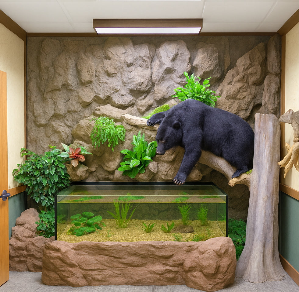 3D Aquarium Display with Faux rock wall with bear sculpture and aquarium in a room setting