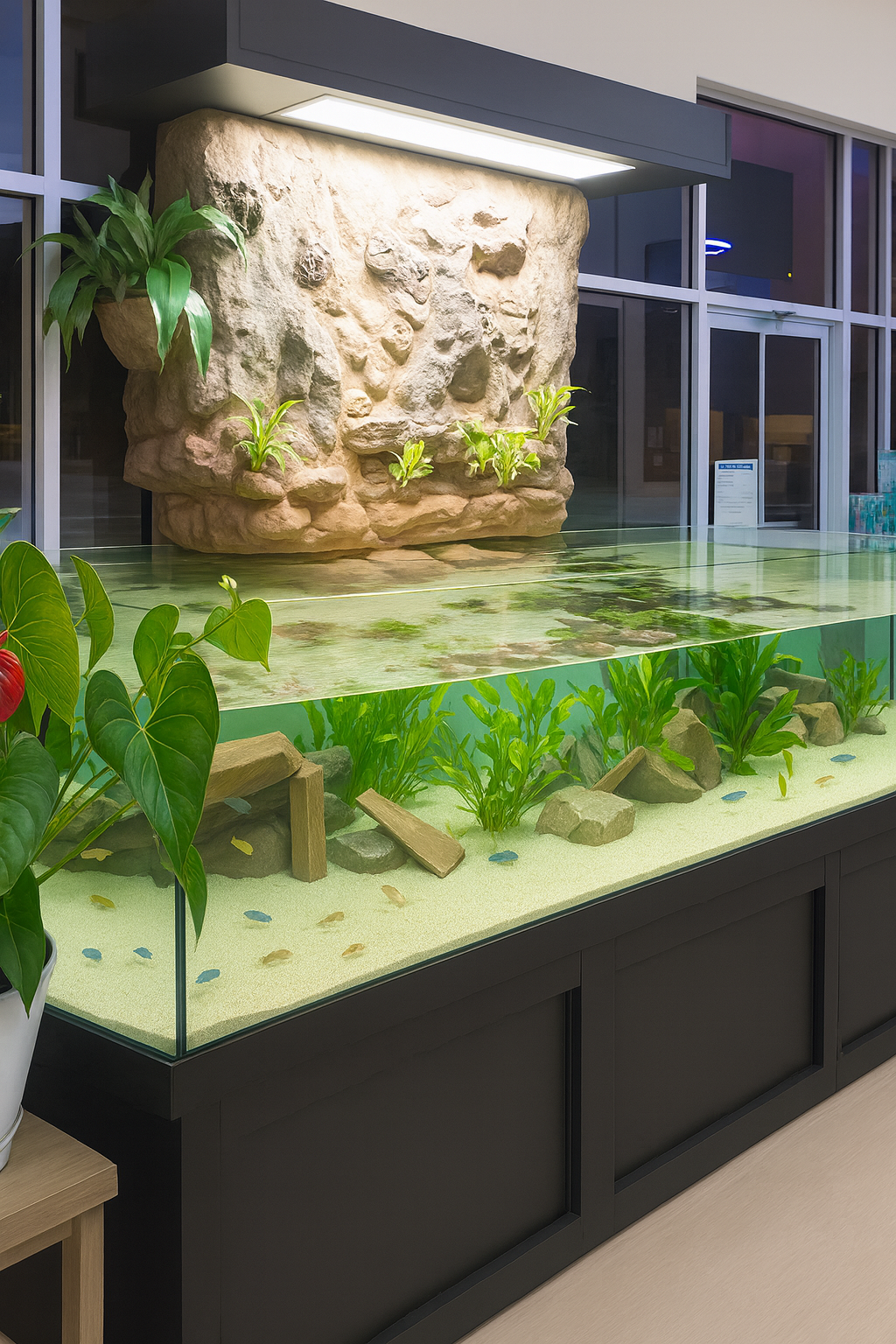 Large 3d aquarium display with decorative elements and plants inside a building.