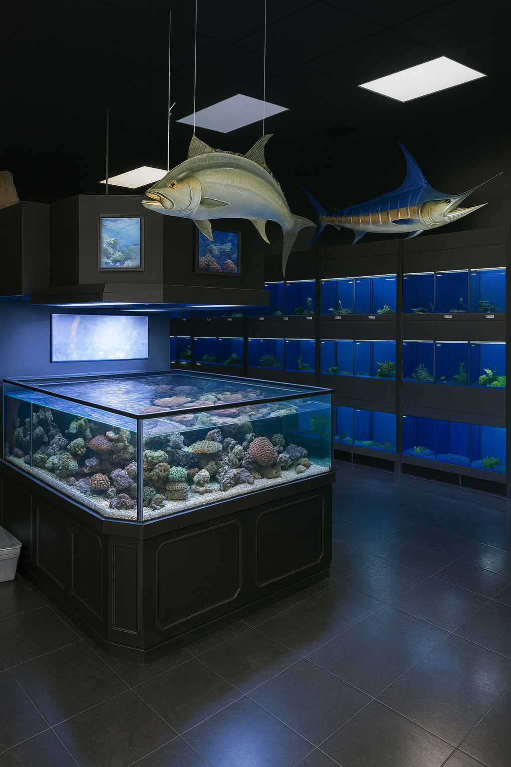 DAS Installed Aquarium store with large fish tank and various aquarium racks