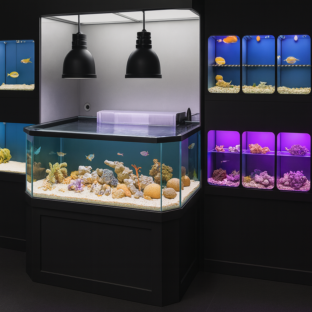 DAS 3D aquarium with fish and coral, surrounded by DAS Fish Racks