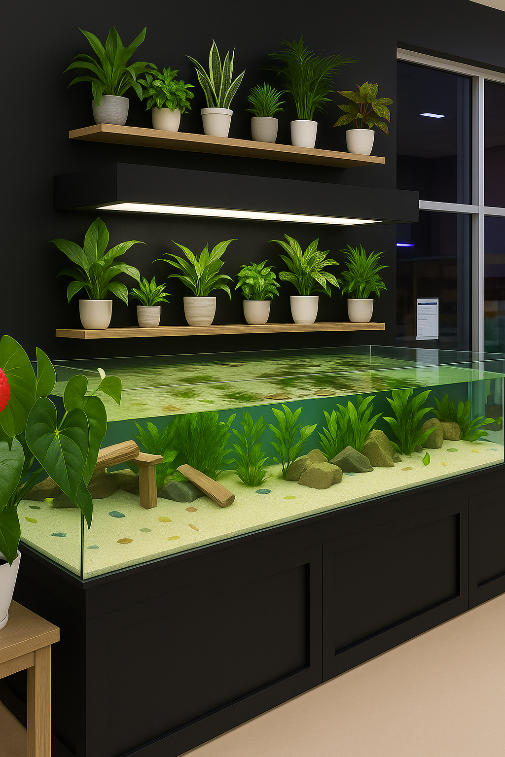 DAS 3D Aquarium Display with plants and decorative elements in a room setting