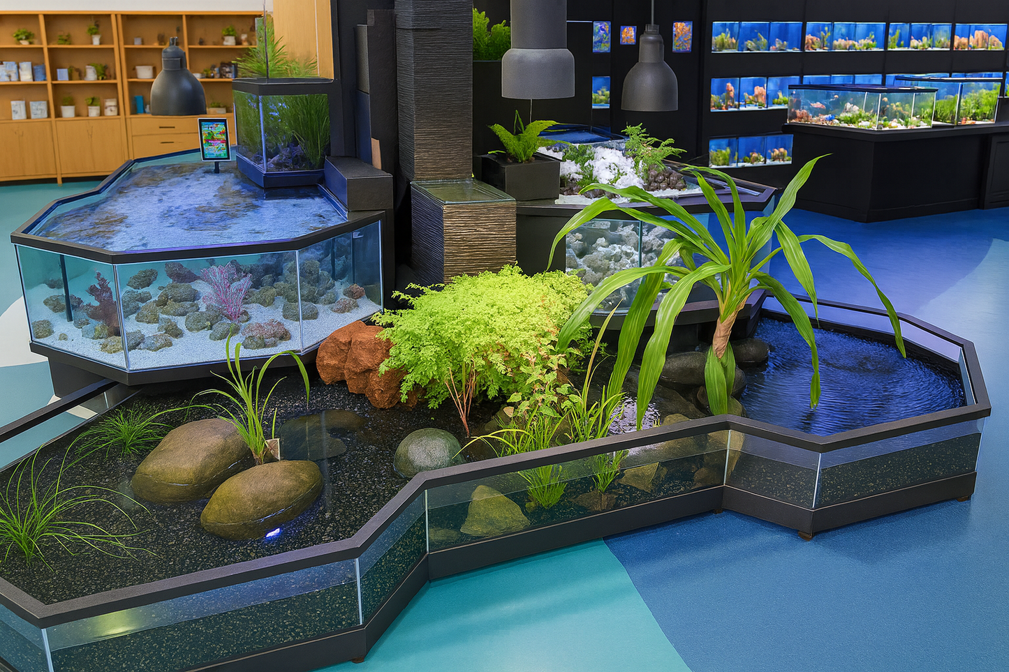 3D Aquarium display setup with plants and rocks on a blue floor
