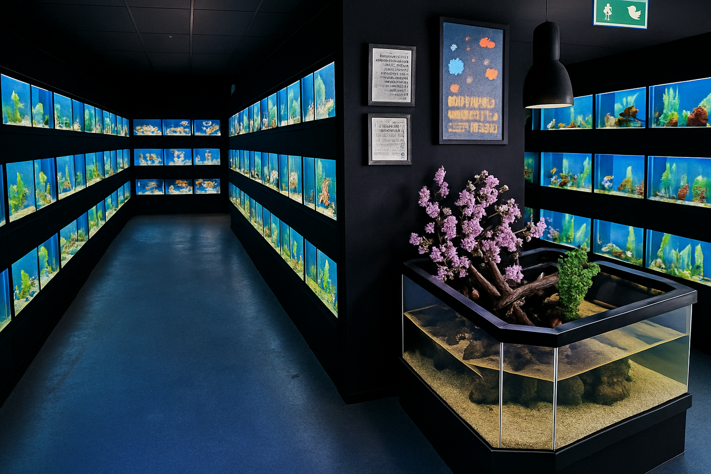 DAS 3D Aquarium display with various tanks on a dark wall, featuring plants and fish. DAS Fish Racks