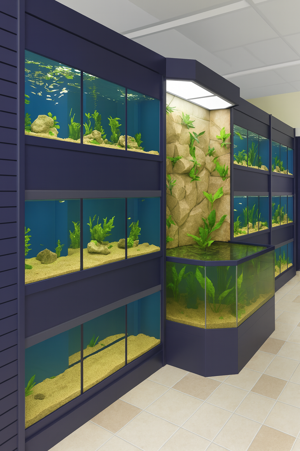 Aquarium display with various fish tanks in a pet store setting