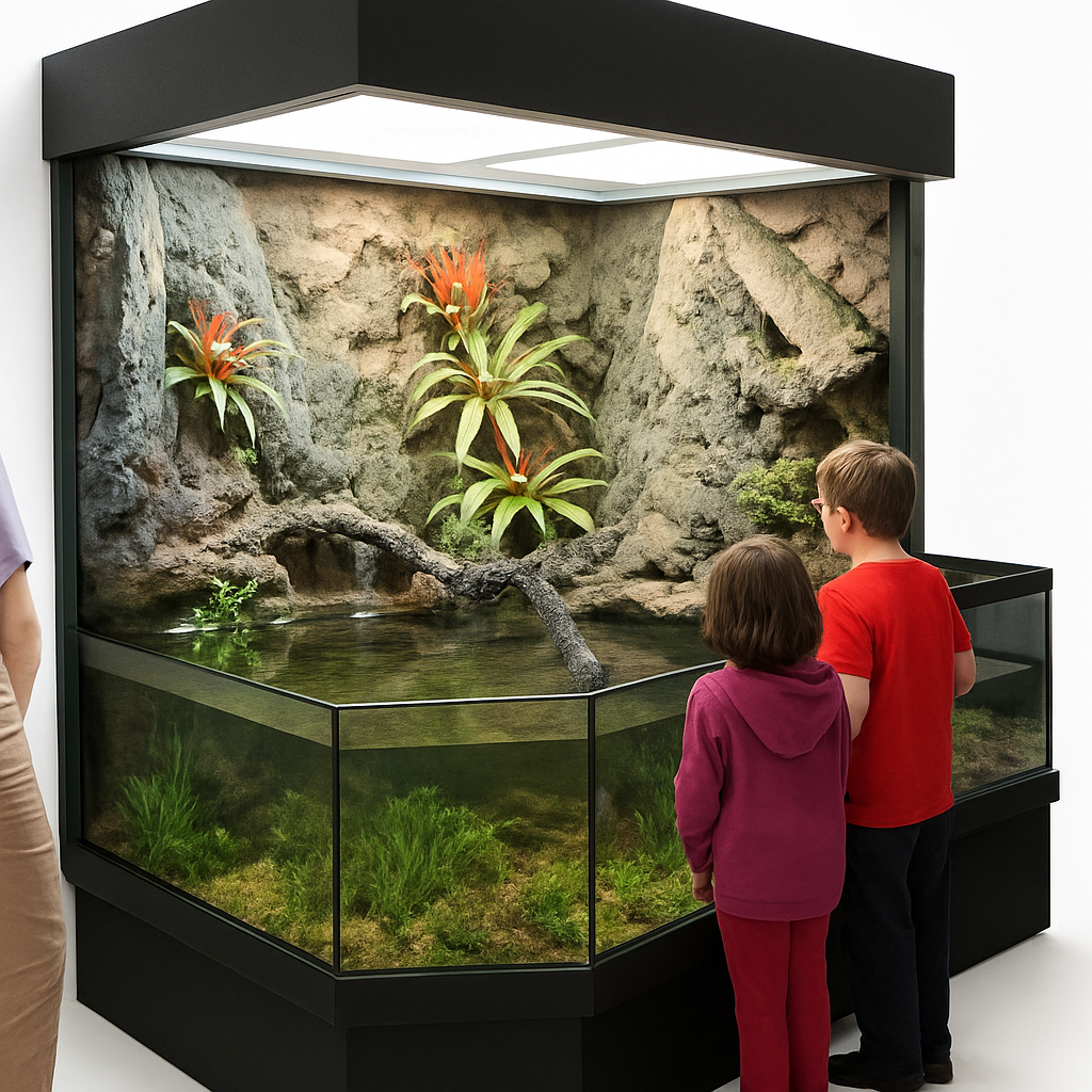 Two children looking at a large 3d aquarium manufactured by DAS aquariums with a naturalistic design.