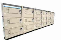 Professional animal adoption display with multiple enclosed suites for puppies and kittens, behind the kennels view.