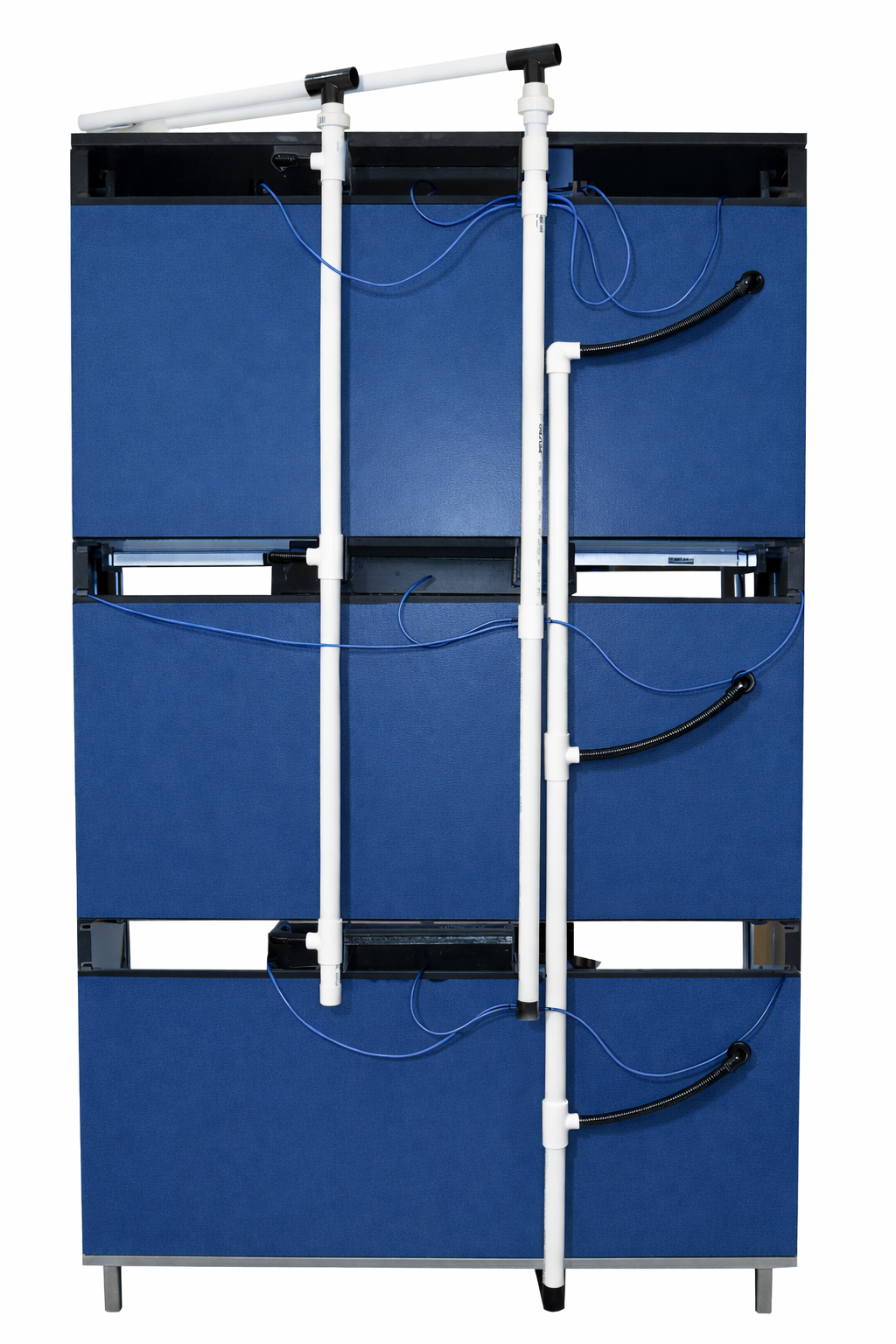Backview Nano aquatic life retail rack featuring multiple small-volume freshwater tanks with centralized filtration and clean professional presentation