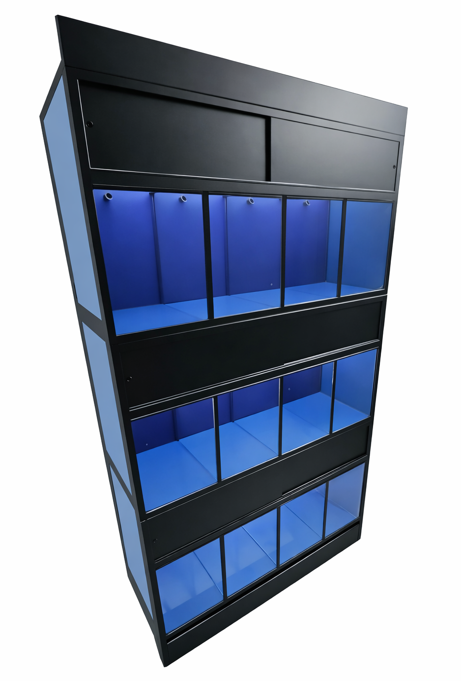 Freshwater retail fish rack with multi-level glass aquariums, integrated filtration, and black ABS stand designed for pet stores and aquatic retailers