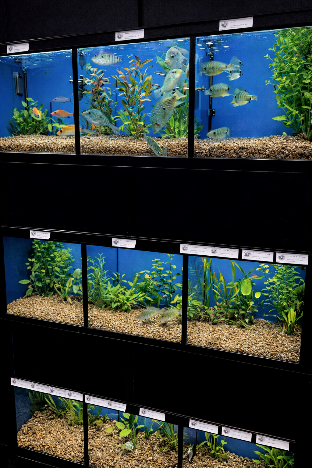 Professional freshwater aquarium display system for pet stores, optimized for livestock health and retail efficiency
