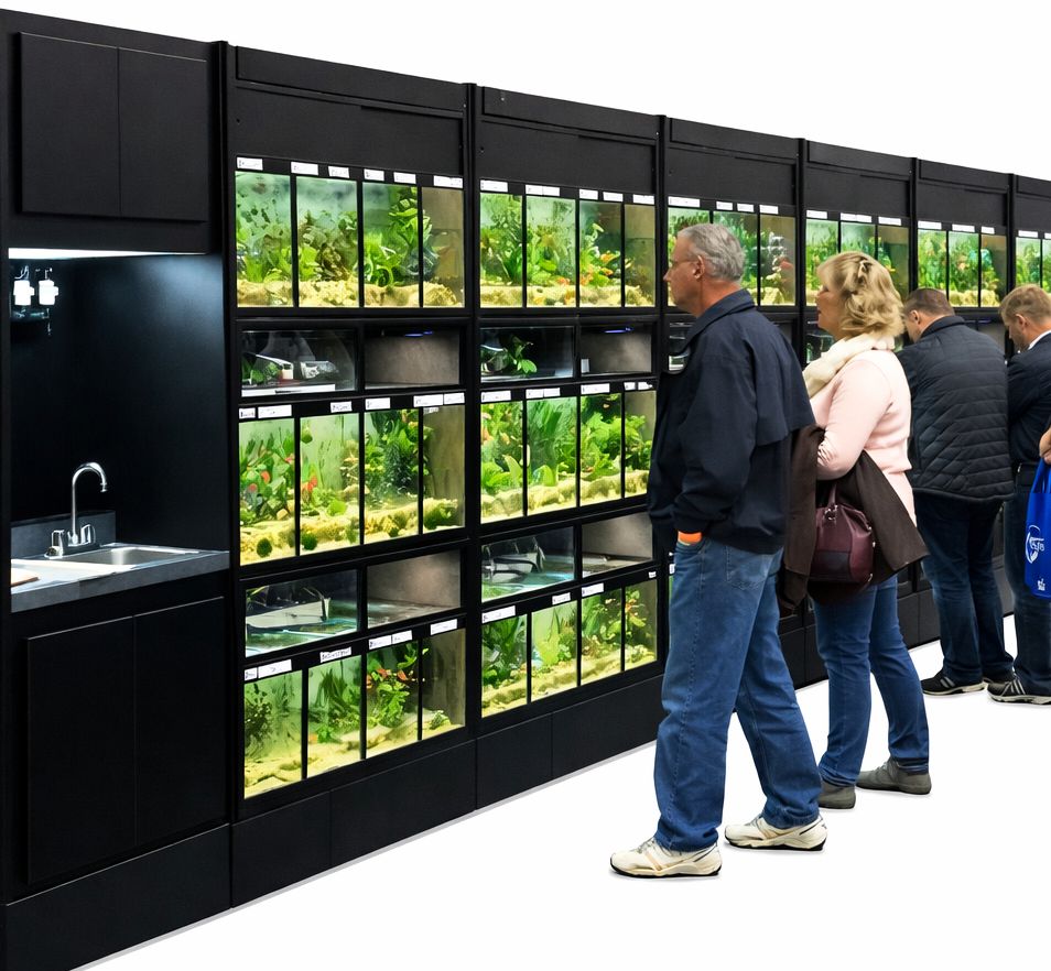 Retail freshwater fish rack supporting high visibility of livestock while reducing maintenance labor