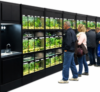 Retail freshwater fish rack supporting high visibility of livestock while reducing maintenance labor