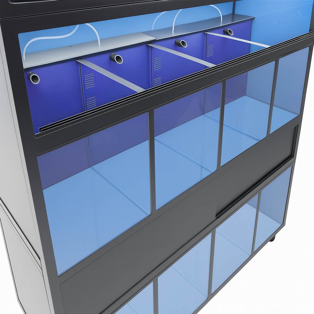 Freshwater fish rack used for aquatic science and biology education, featuring easy-access aquariums and biological filtration