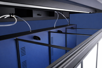 Detail view of integrated filtration system on freshwater retail fish rack designed for long-term operation without frequent part replacement