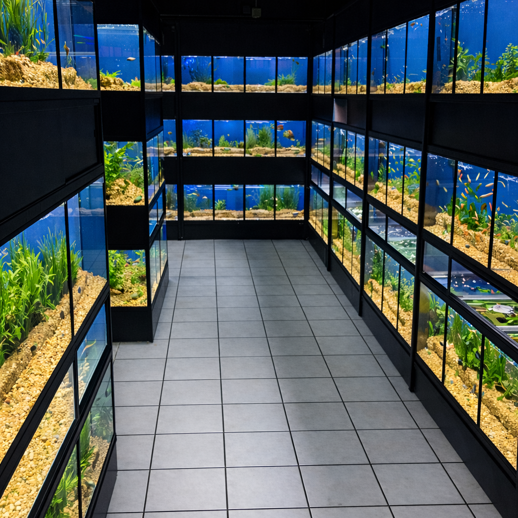 Large capacity freshwater aquarium retail rack designed to display multiple fish species simultaneously