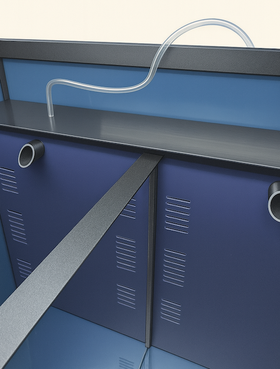 Detail view of integrated filtration system on freshwater retail fish rack designed for long-term operation without frequent part replacement