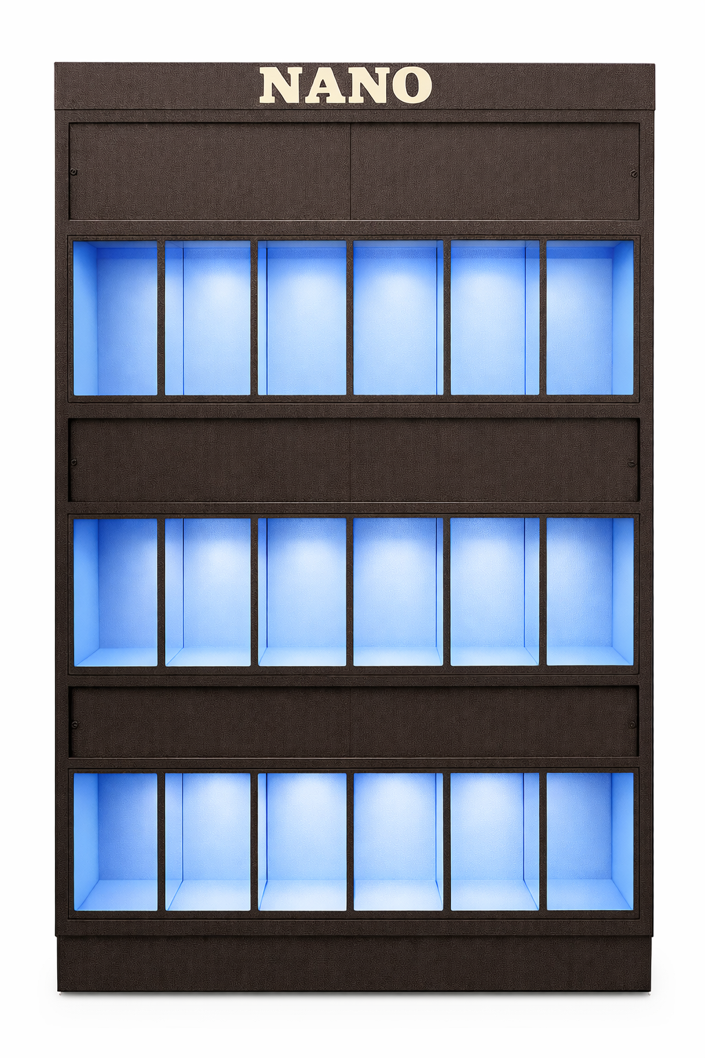 Nano freshwater fish retail rack with compact glass aquariums designed for small aquatic species and low-footprint retail displays