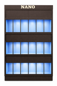 Nano freshwater fish retail rack with compact glass aquariums designed for small aquatic species and low-footprint retail displays