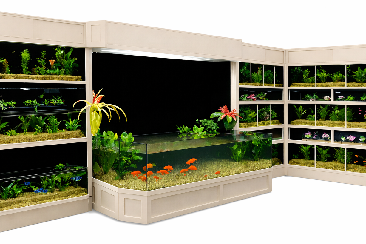 Professional freshwater aquarium display system for pet stores, optimized for livestock health and retail efficiency