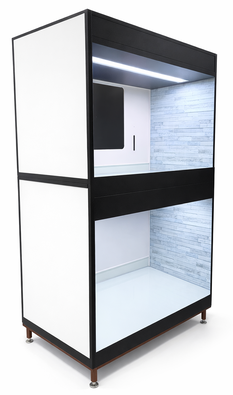 Modular adoption kennel system designed for humane display of adoptable pets in rescue facilities and veterinary clinics