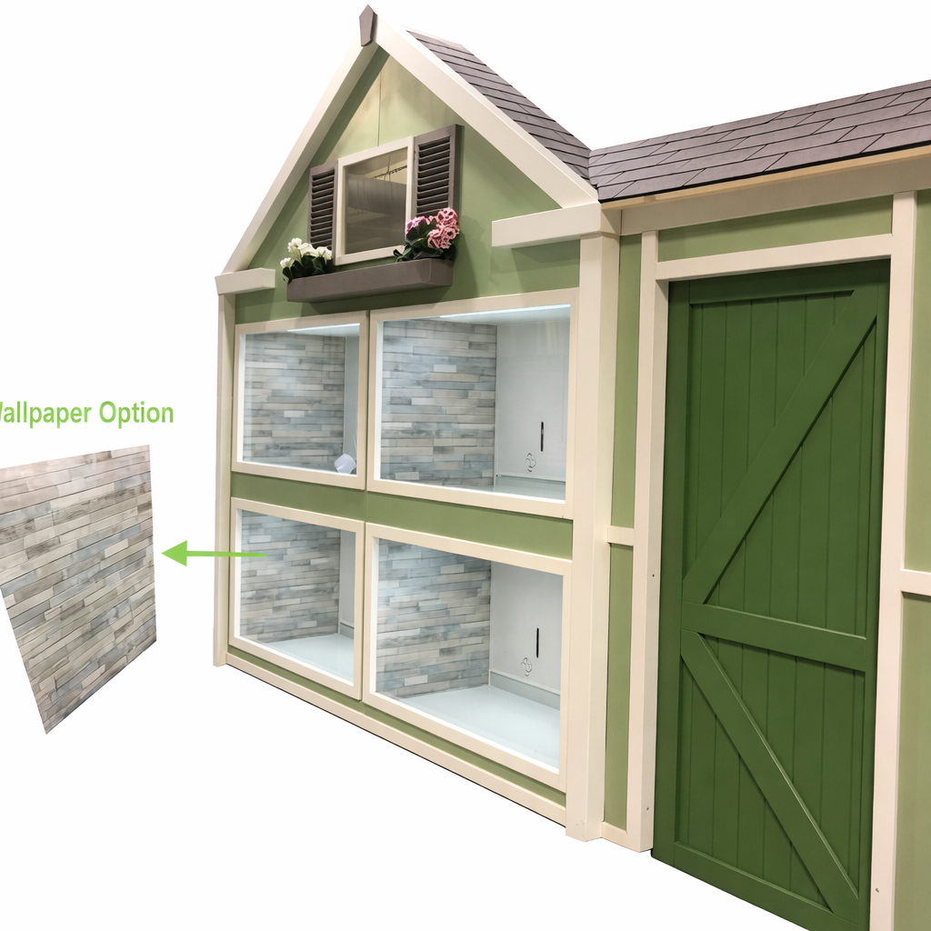 Modular adoption kennel system designed for humane display of adoptable pets in rescue facilities and veterinary clinics.  Township front facades for adoption events.