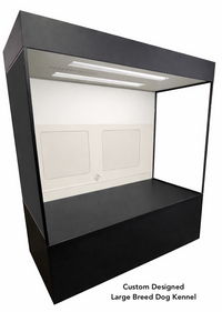 Modular adoption kennel system designed for humane display of adoptable pets in rescue facilities and veterinary clinics. Custom Designed Kennels for Large Breed Puppies.